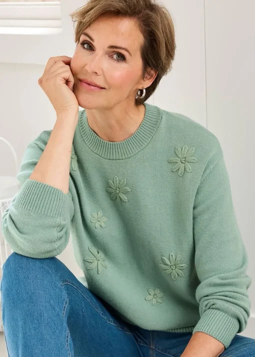 Cotton Traders Pastel Green Embroidered Jumper