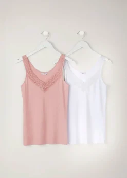 Cotton Traders Powder Pink 2 Pack Lace Trim Vests