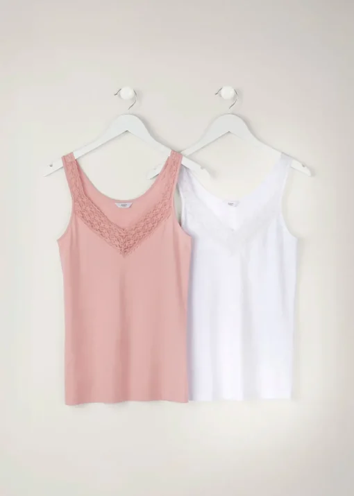 Cotton Traders Powder Pink 2 Pack Lace Trim Vests