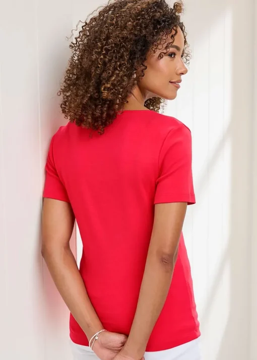 Cotton Traders Red Wrinkle Free Short Sleeve Square Neck Top