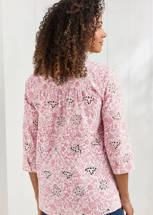 Cotton Traders Rose Pink Print Broderie Pintuck Blouse
