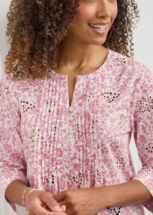 Cotton Traders Rose Pink Print Broderie Pintuck Blouse