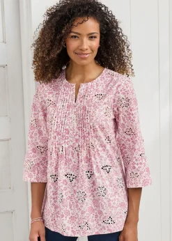 Cotton Traders Rose Pink Print Broderie Pintuck Blouse