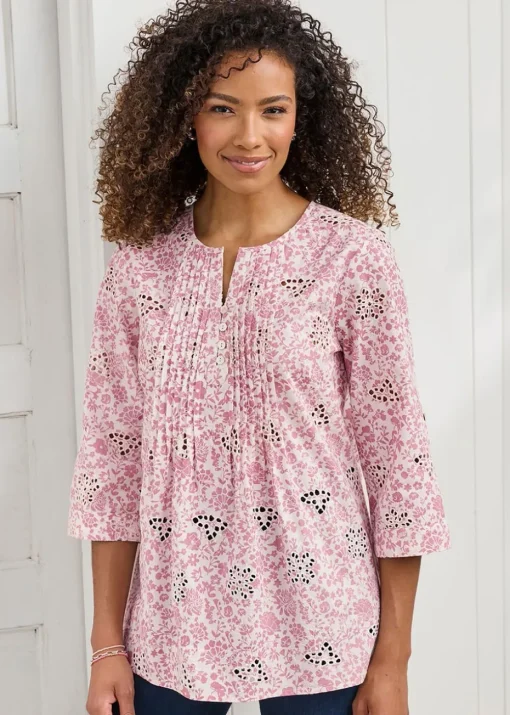 Cotton Traders Rose Pink Print Broderie Pintuck Blouse