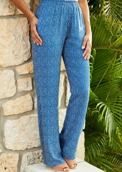 Cotton Traders Soft Blue Printed Pull-On Wide-Leg Trousers