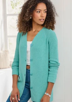 Cotton Traders Turqouise Longline Ribbed Cotton Cardigan