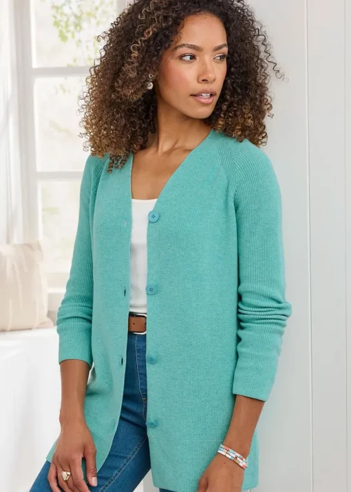 Cotton Traders Turqouise Longline Ribbed Cotton Cardigan
