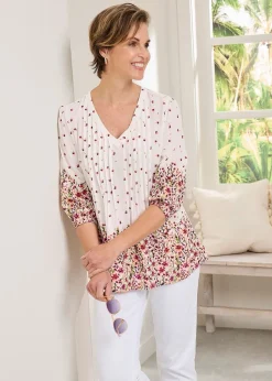 Cotton Traders Warm Cream 3/4 Sleeve V Neck Printed Crinkle Top