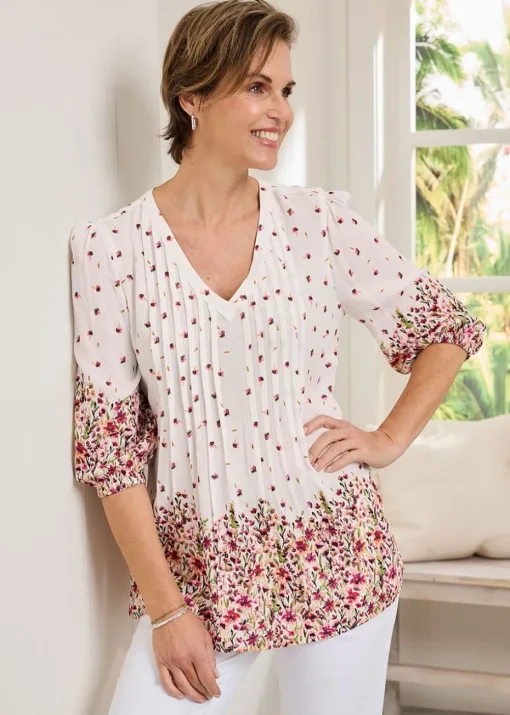 Cotton Traders Warm Cream 3/4 Sleeve V Neck Printed Crinkle Top
