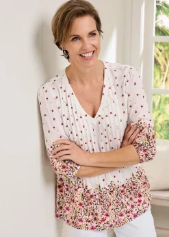 Cotton Traders Warm Cream 3/4 Sleeve V Neck Printed Crinkle Top