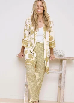 Cotton Traders Warm Cream Long Printed Kimono