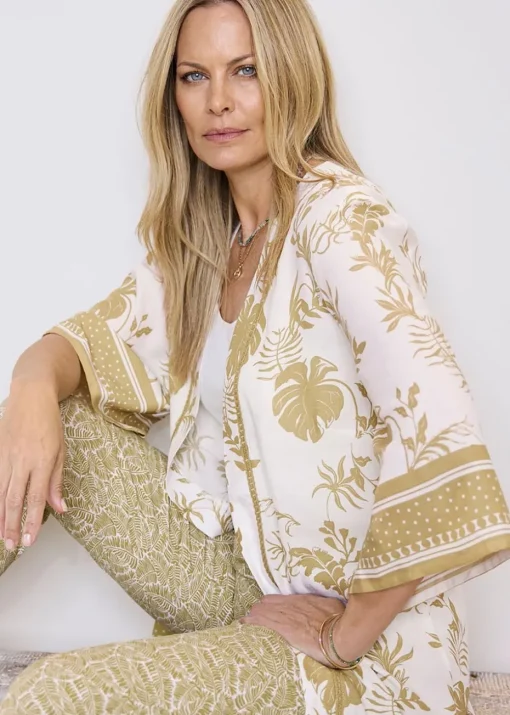 Cotton Traders Warm Cream Long Printed Kimono