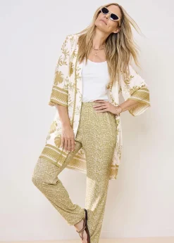 Cotton Traders Warm Cream Long Printed Kimono