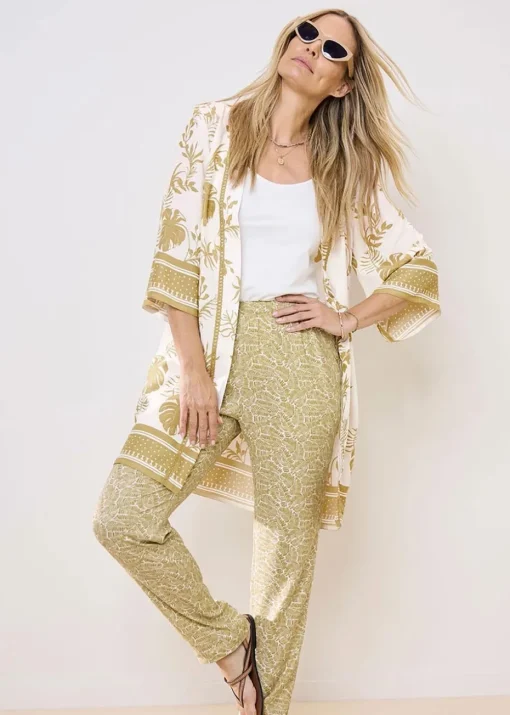 Cotton Traders Warm Cream Long Printed Kimono
