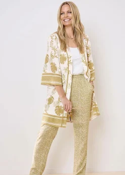 Cotton Traders Warm Cream Long Printed Kimono