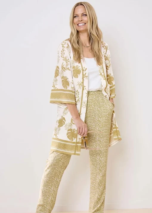 Cotton Traders Warm Cream Long Printed Kimono