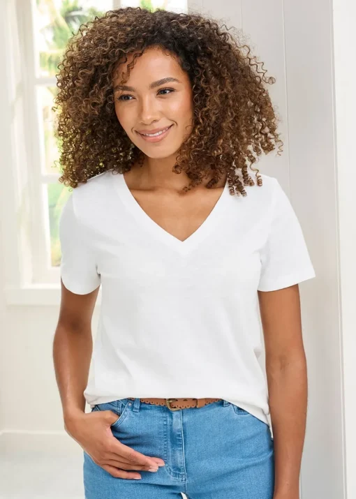 Cotton Traders White Essential Short Sleeve V Neck T-Shirt