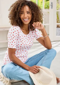 Cotton Traders White Wrinkle Free Short Sleeve Spot Scoop Neck Top