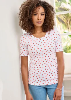 Cotton Traders White Wrinkle Free Short Sleeve Spot Scoop Neck Top