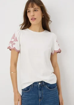 Cream Embellished Sleeve T-Shirt