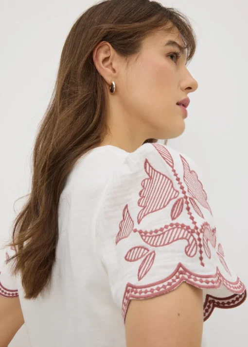 Cream Embellished Sleeve T-Shirt