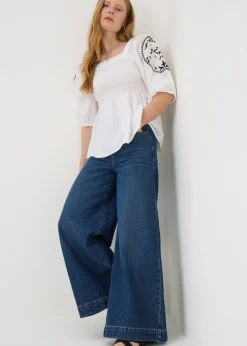 Cream Embroidered Shirred Blouse