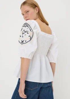 Cream Embroidered Shirred Blouse