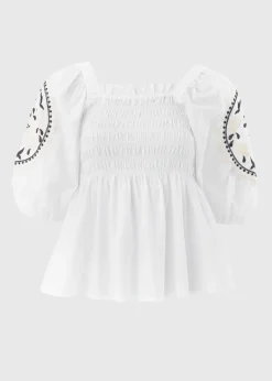 Cream Embroidered Shirred Blouse