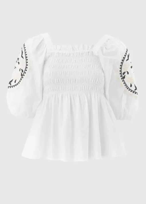 Cream Embroidered Shirred Blouse