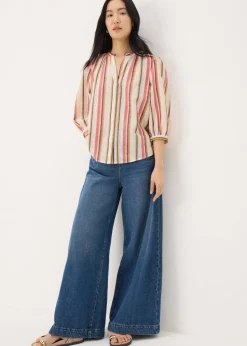Cream Linen Blend Stripe 3/4 Sleeve Blouse