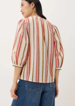 Cream Linen Blend Stripe 3/4 Sleeve Blouse