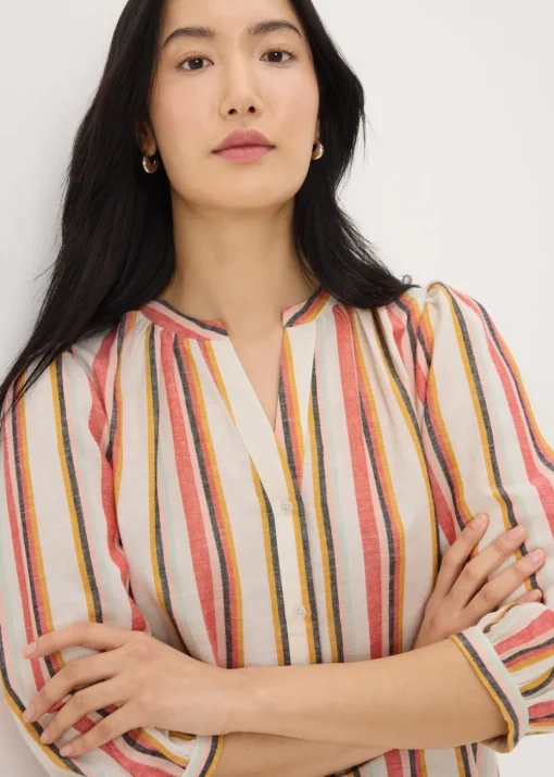 Cream Linen Blend Stripe 3/4 Sleeve Blouse
