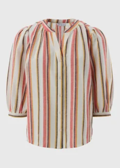 Cream Linen Blend Stripe 3/4 Sleeve Blouse