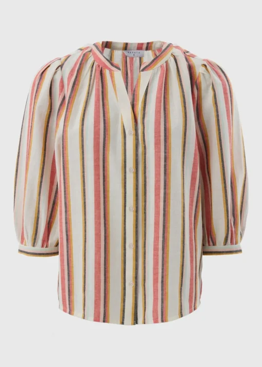 Cream Linen Blend Stripe 3/4 Sleeve Blouse
