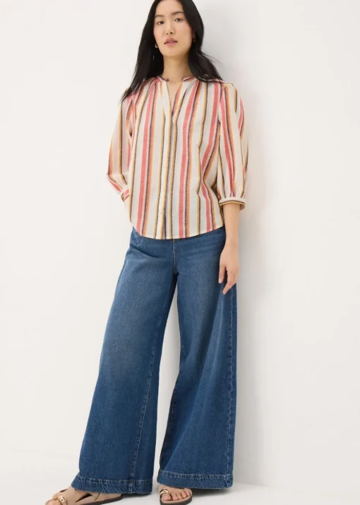 Cream Linen Blend Stripe 3/4 Sleeve Blouse