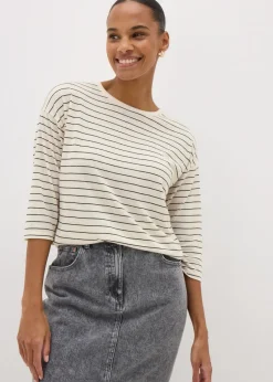 Cream Monochrome Linen Blend Stripe Top