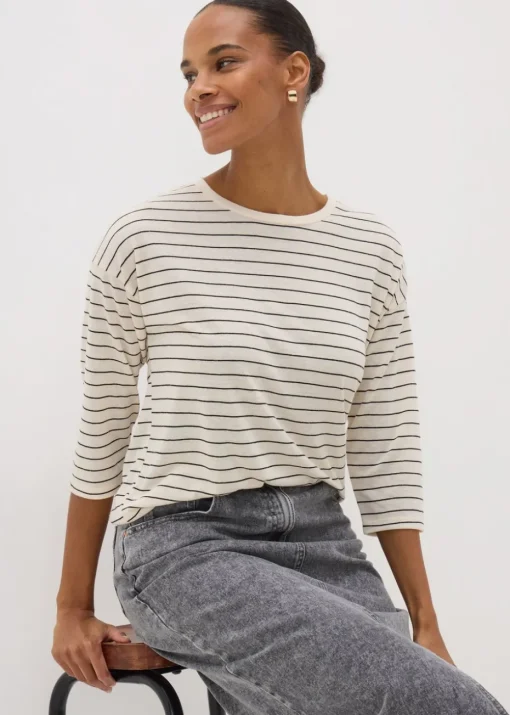 Cream Monochrome Linen Blend Stripe Top