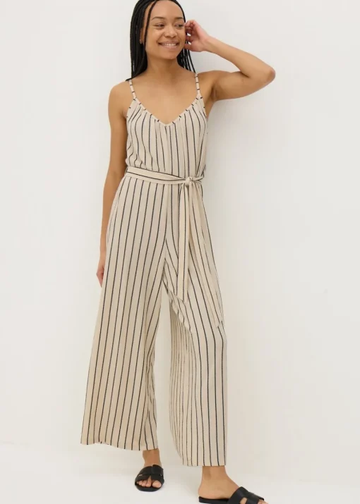 Cream Stripe Wide Leg Jersey Jumpsuit