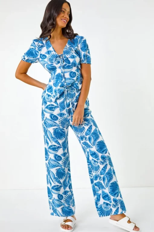 Dusk Blue Dusk Shell Print Wide Leg Trousers