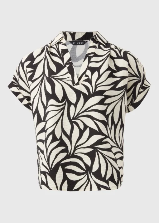 Et Vous Black Mono Palm Airflow Collared V-Neck Blouse