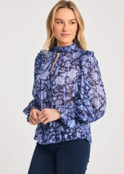 French Connection Blue High Neck Long Sleeve Floral Frill Keyhole Blouse