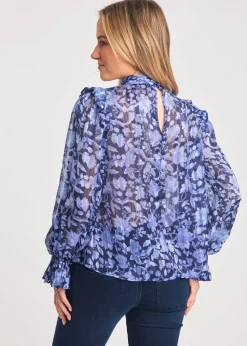 French Connection Blue High Neck Long Sleeve Floral Frill Keyhole Blouse