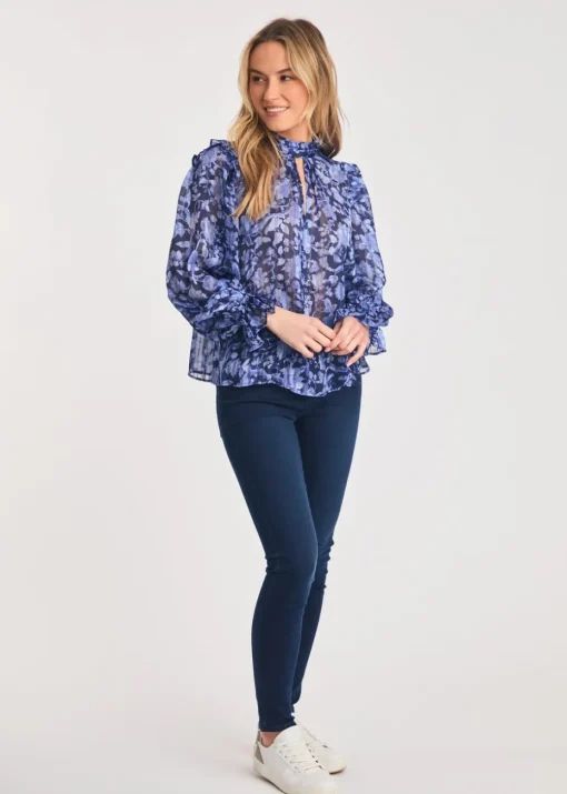 French Connection Blue High Neck Long Sleeve Floral Frill Keyhole Blouse