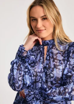 French Connection Blue High Neck Long Sleeve Floral Frill Keyhole Blouse