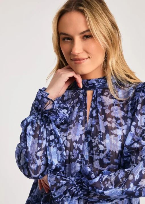 French Connection Blue High Neck Long Sleeve Floral Frill Keyhole Blouse