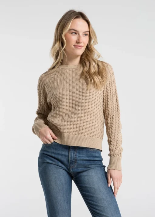 French Connection Camel Cotton Popcorn-Style Cable Knit Crew Neck Jumper
