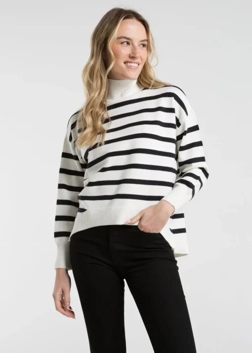 French Connection White Oversized High Neck Striped Jumper