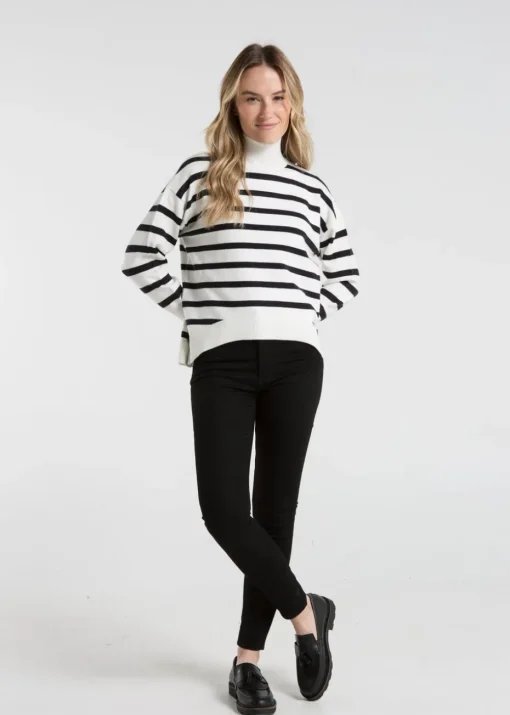 French Connection White Oversized High Neck Striped Jumper