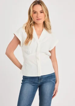 French Connection White V-Neck Button Up Short Sleeve Crepe Blouse