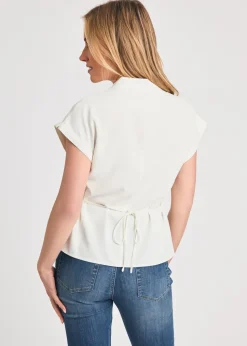 French Connection White V-Neck Button Up Short Sleeve Crepe Blouse